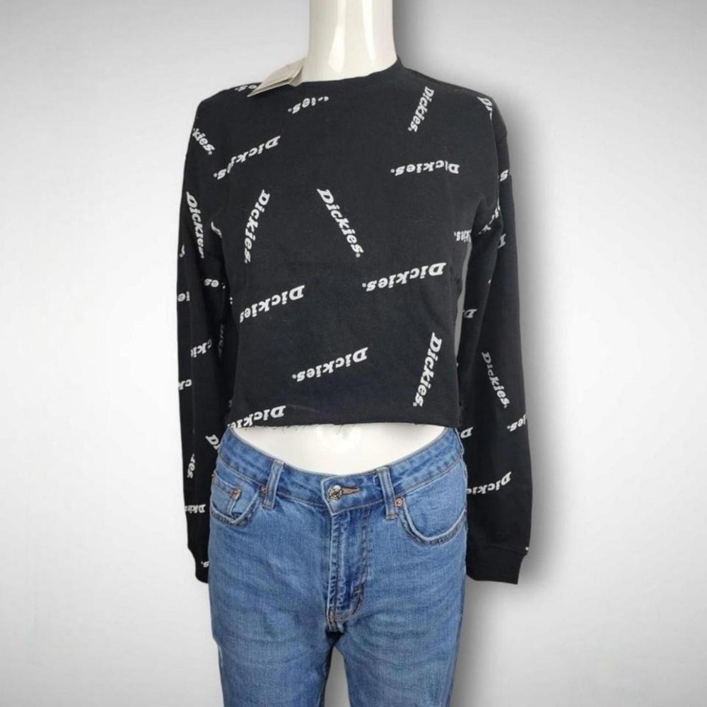 Dickies Womens Black All Over Logo Print Cropped Long Sleeve Sweatshirt Crewneck